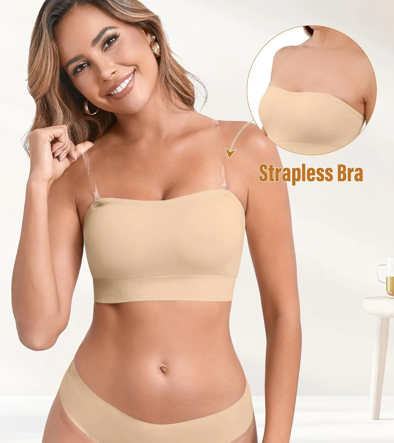 DEANGELMON Strapless Bras for Women Comfort Non-Slip Seamless Padded Bralette Clear Straps Wireless Tube Top Bra