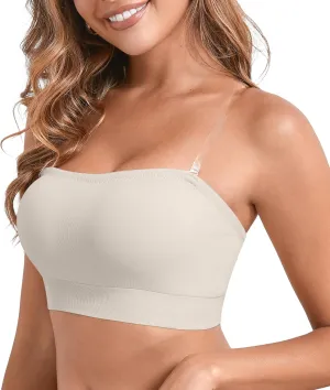 DEANGELMON Strapless Bras for Women Comfort Non-Slip Seamless Padded Bralette Clear Straps Wireless Tube Top Bra