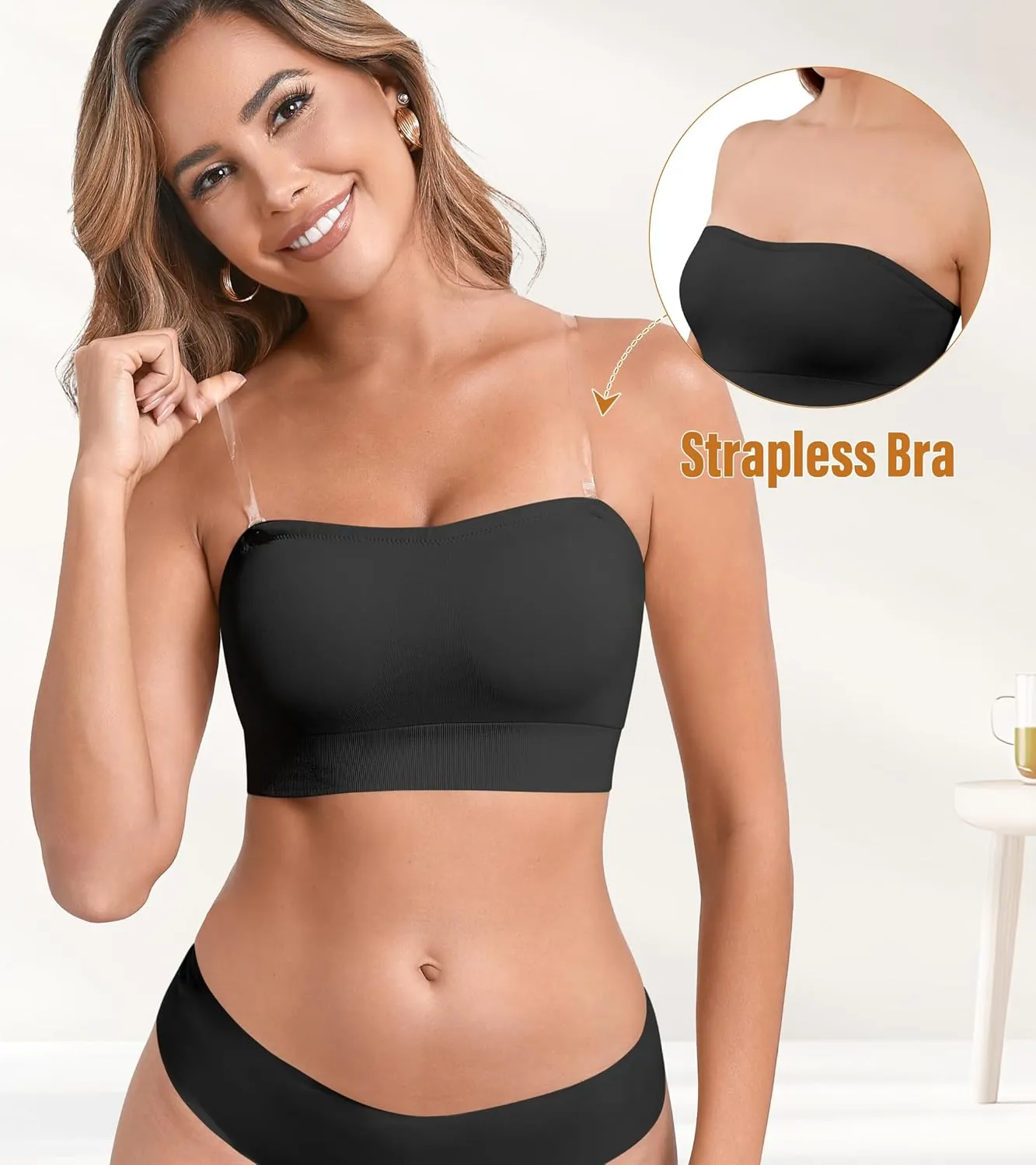 DEANGELMON Strapless Bras for Women Comfort Non-Slip Seamless Padded Bralette Clear Straps Wireless Tube Top Bra
