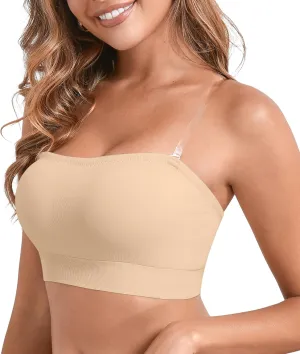 DEANGELMON Strapless Bras for Women Comfort Non-Slip Seamless Padded Bralette Clear Straps Wireless Tube Top Bra