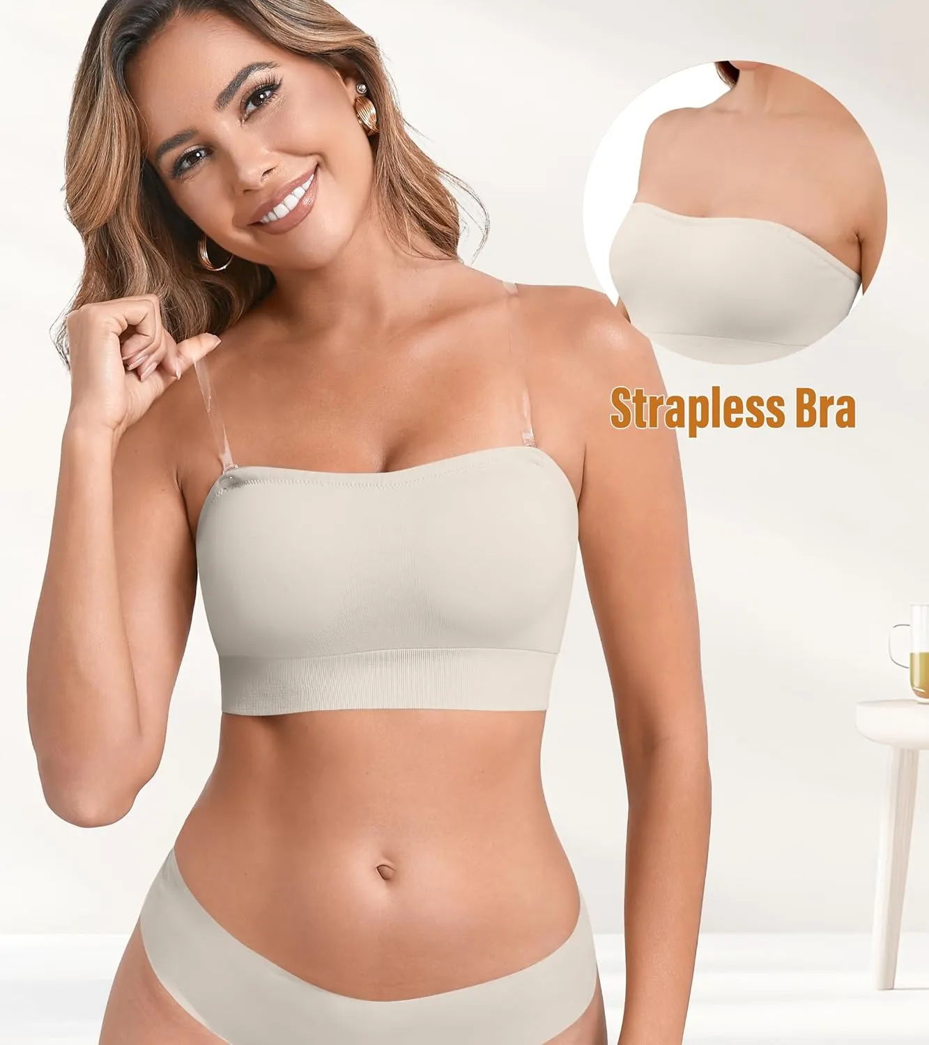 DEANGELMON Strapless Bras for Women Comfort Non-Slip Seamless Padded Bralette Clear Straps Wireless Tube Top Bra