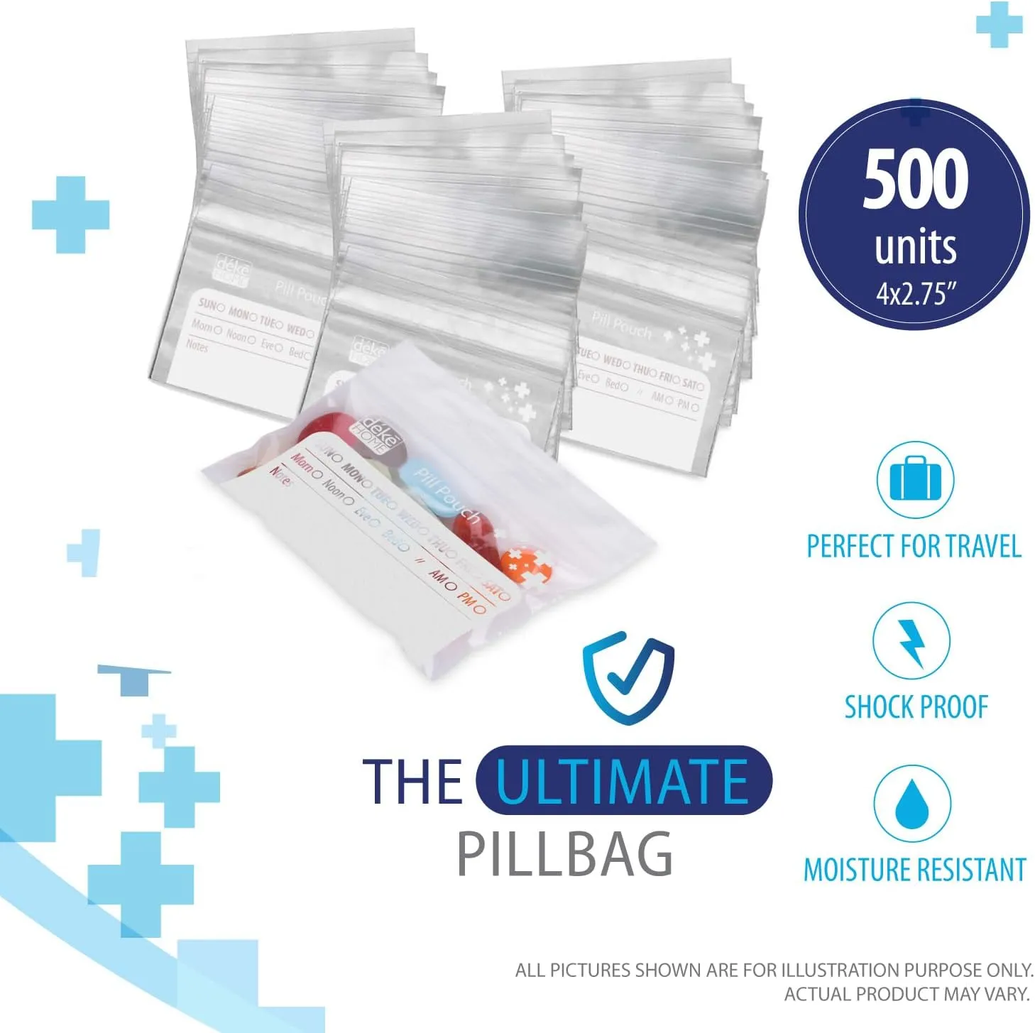 Deke Home - 500 Pack Clear Resealable Pill Bags (4x2.75 in), Travel Medicine Pouches with Write-On Label, BPA-Free Disposable Pill Organizer for Medications, Vitamins & Supplements