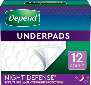 Depend Waterproof Bed Pads, Overnight Absorbency, 12Count, Disposable Underpads, 12Count