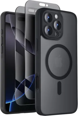 Designed for iPhone 16 Pro Case, Compatible with MagSafe, with Privacy Screen Protectors X2, [Camera Protection] [15FT Military Drop Protection] Shockproof Phone Case, 2024, Black