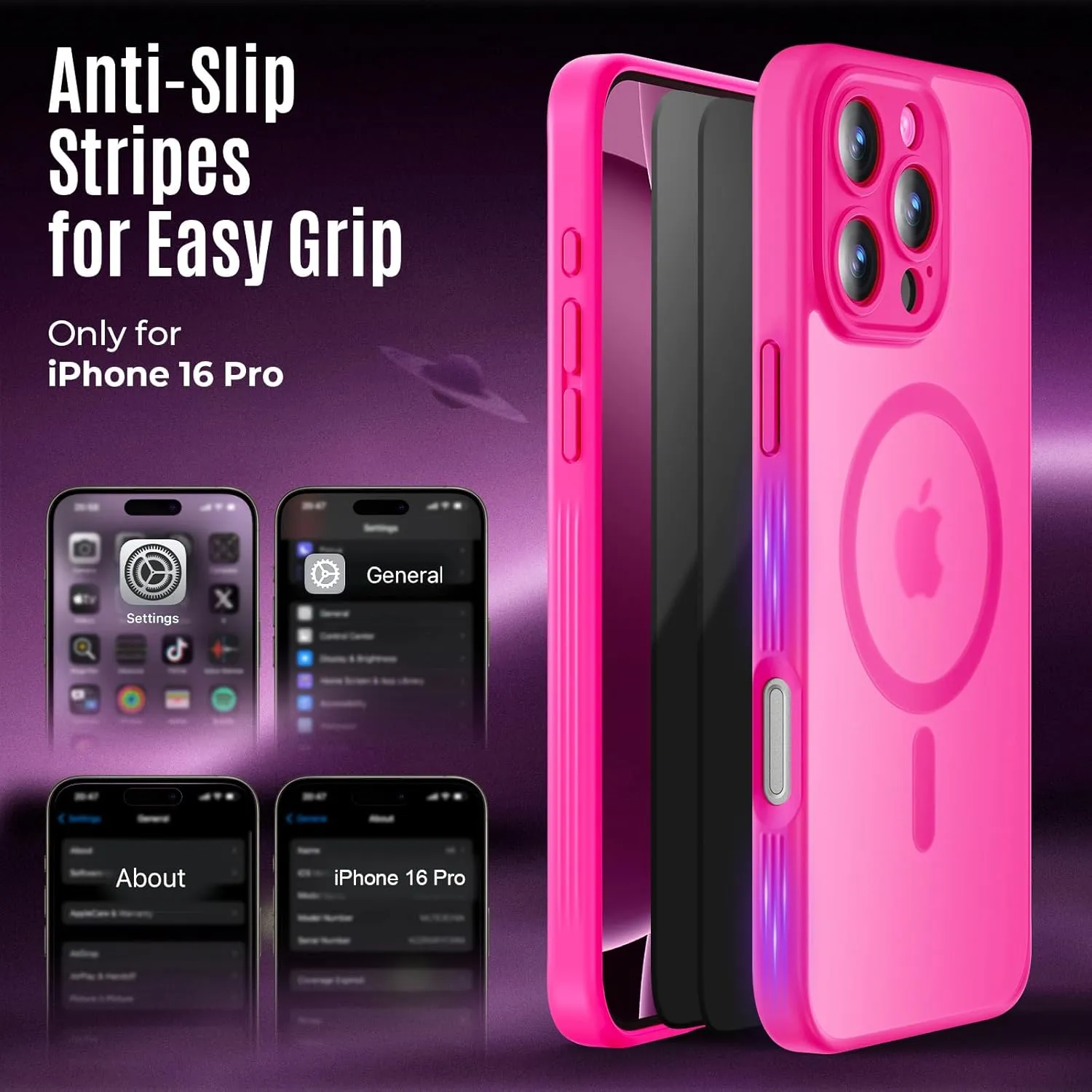 Designed for iPhone 16 Pro Case, Compatible with MagSafe, with Privacy Screen Protectors X2, [Camera Protection] [15FT Military Drop Protection] Shockproof Phone Case, 2024, Hot Pink