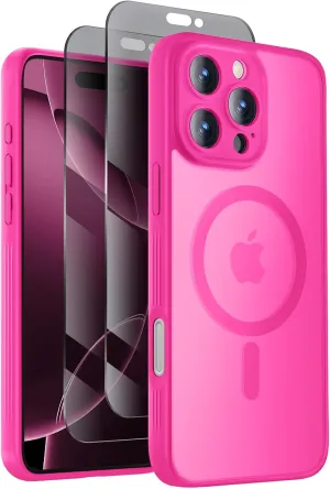 Designed for iPhone 16 Pro Case, Compatible with MagSafe, with Privacy Screen Protectors X2, [Camera Protection] [15FT Military Drop Protection] Shockproof Phone Case, 2024, Hot Pink