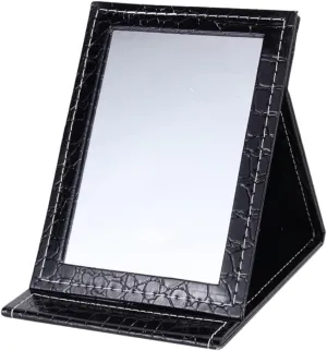 Desktop Makeup Mirror with PU Leather Finish Portable Folding Fill Light Black Vanity Mirror for Travel and Home Use