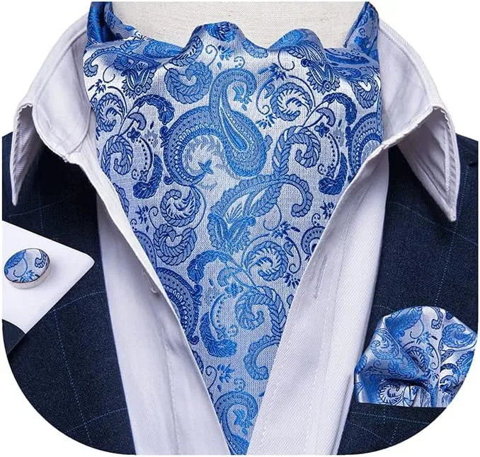 DiBanGu 3PCS Ascot Ties for Men Wedding Jacquard Woven 100% Silk Ascot Cravat for Men Cravat Tie and Pocket Square Set