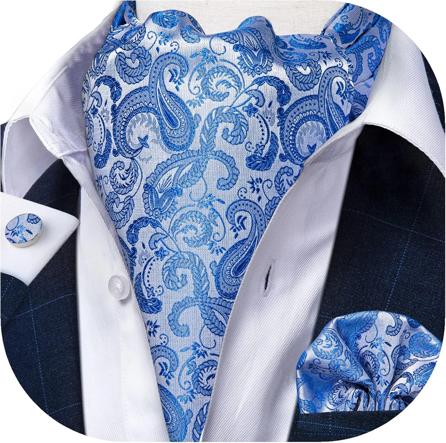 DiBanGu 3PCS Ascot Ties for Men Wedding Jacquard Woven 100% Silk Ascot Cravat for Men Cravat Tie and Pocket Square Set