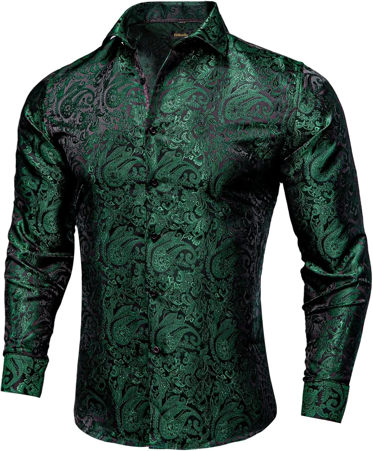 DiBanGu Mens Silk Paisley Dress Shirts,Long Sleeve Button Down Shirt Casual Regular Fit Shirt for Men Wedding Party