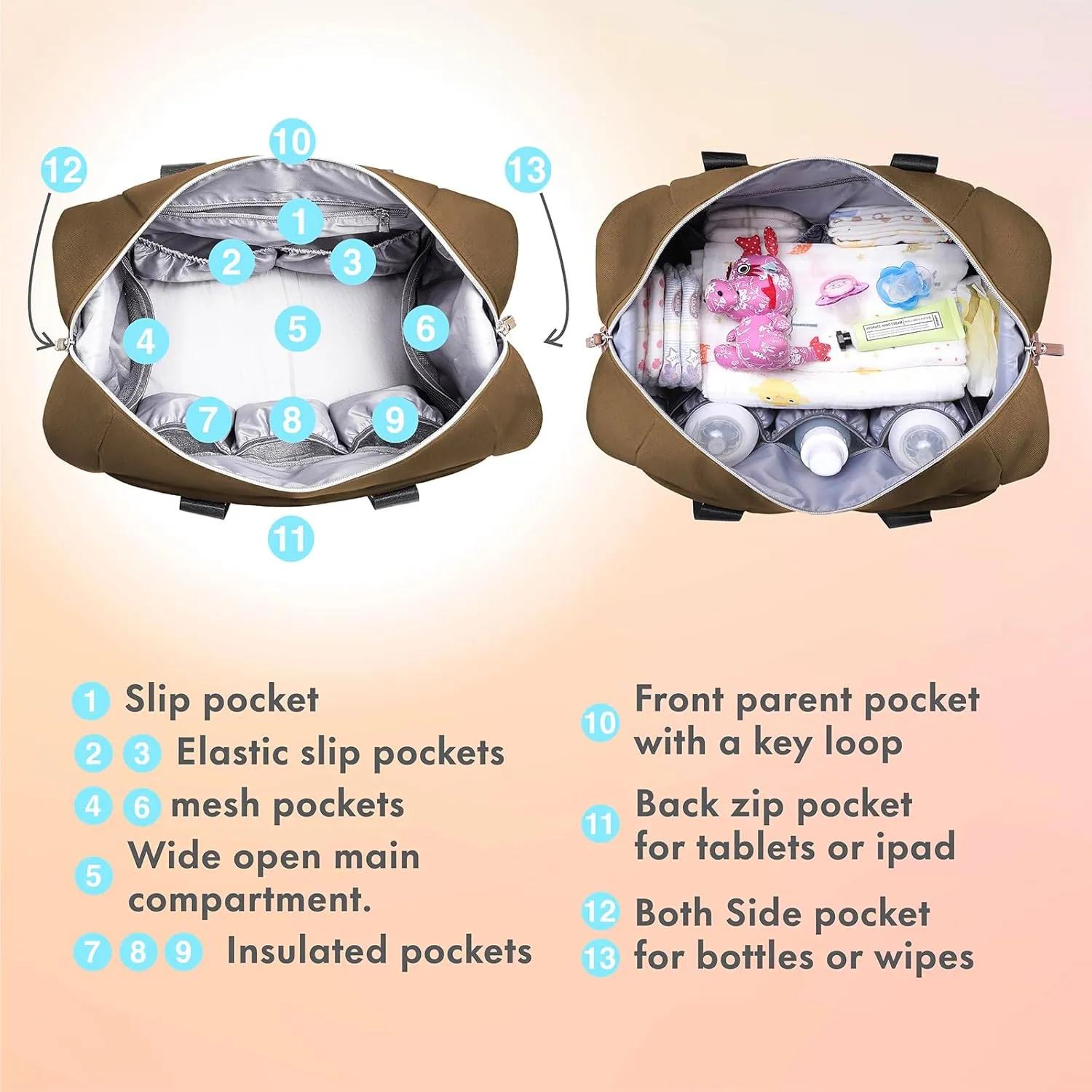 Dikaslon Diaper Bag Tote, Large Travel diaper tote for Mom and Dad, Multifunction baby tote bag for Boys and Girls with Pacifier Case and Changing Pad, Khaki
