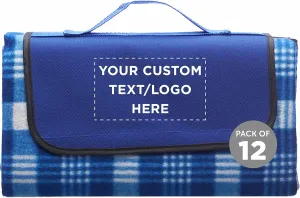 DISCOUNT PROMOS Custom Creekside Roll Up Picnic Blankets Set of 12, Personalized Bulk Pack - Great Outdoor Blanket for Camping, Picnic, Beach, Other Outdoor Activities - Blue