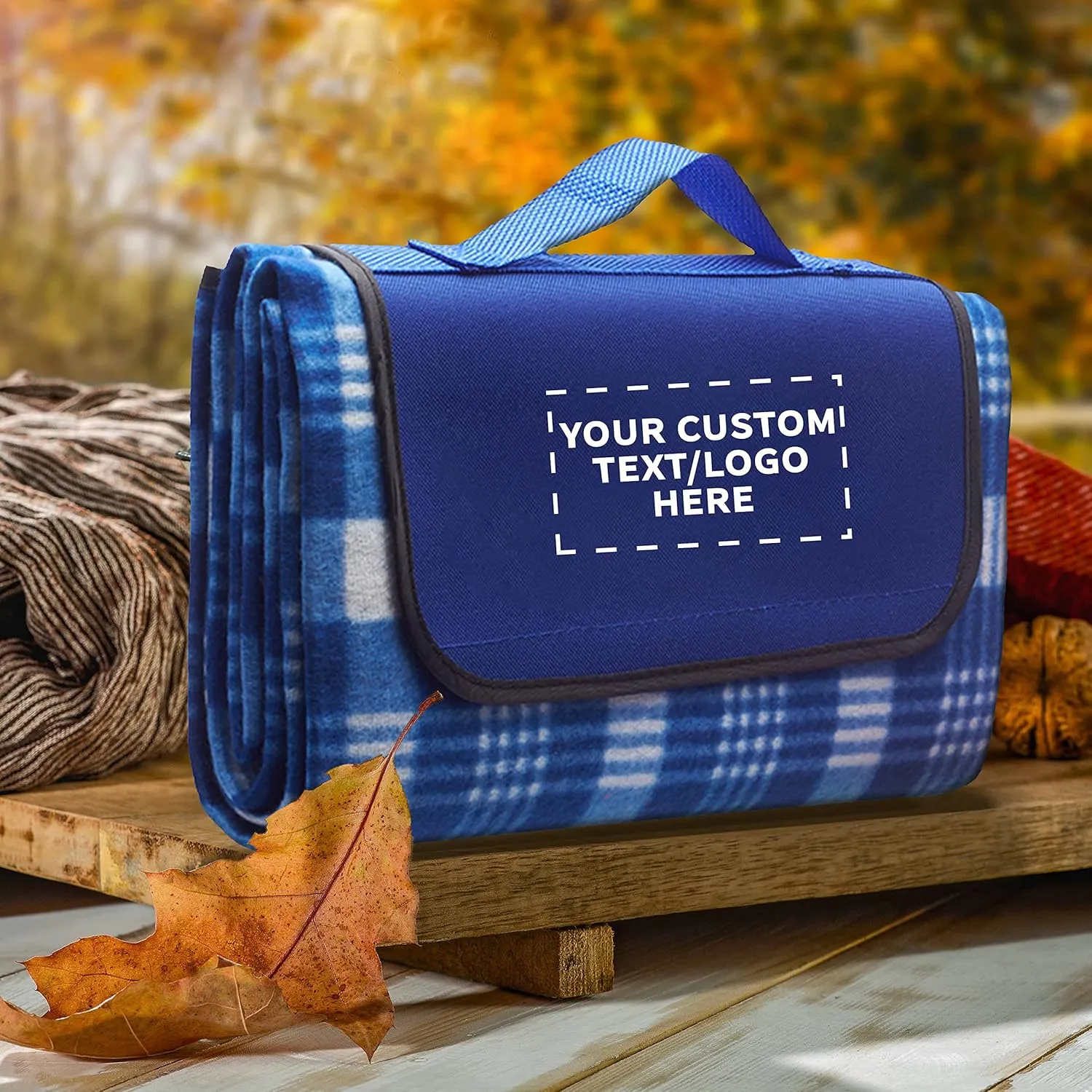 DISCOUNT PROMOS Custom Creekside Roll Up Picnic Blankets Set of 12, Personalized Bulk Pack - Great Outdoor Blanket for Camping, Picnic, Beach, Other Outdoor Activities - Blue