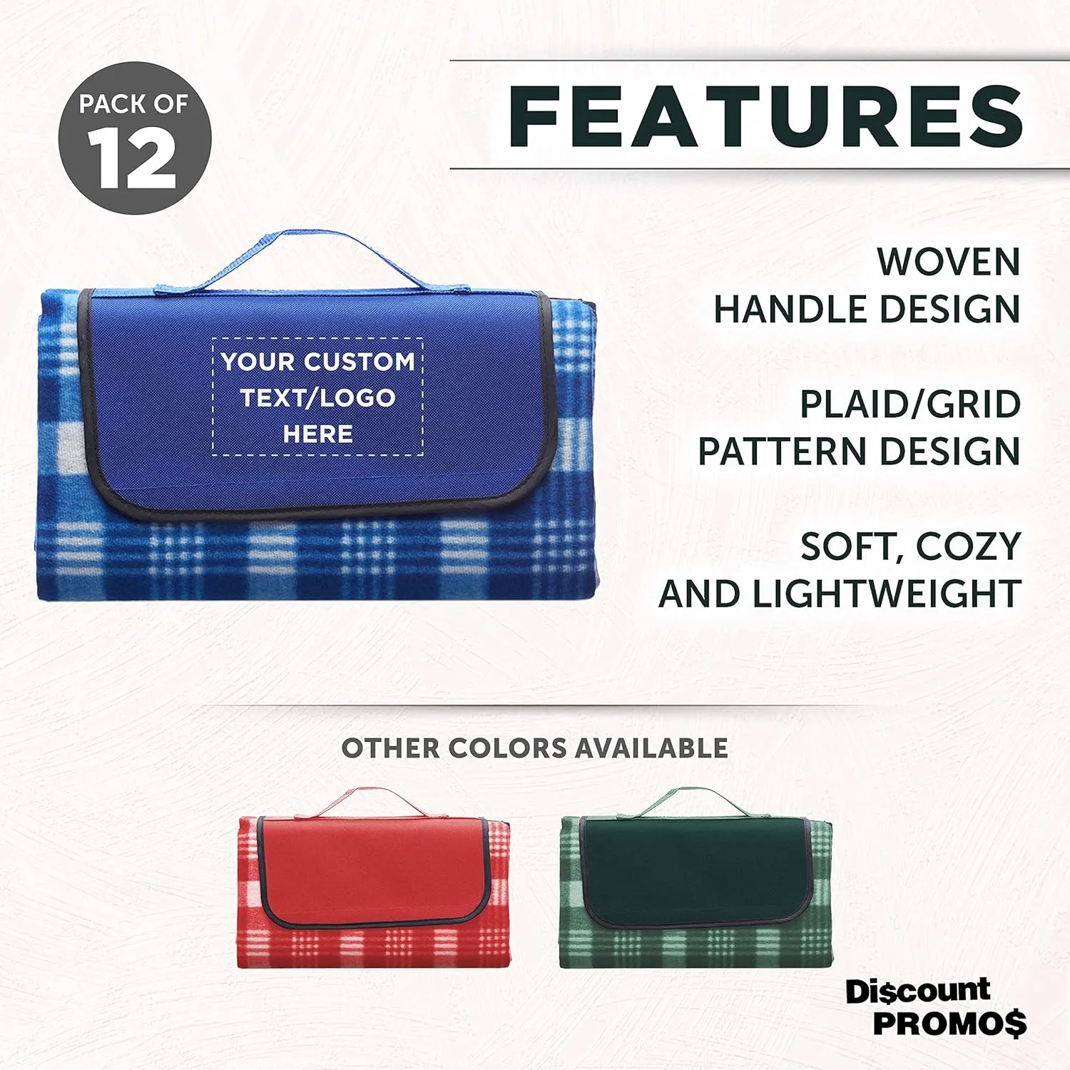 DISCOUNT PROMOS Custom Creekside Roll Up Picnic Blankets Set of 12, Personalized Bulk Pack - Great Outdoor Blanket for Camping, Picnic, Beach, Other Outdoor Activities - Blue