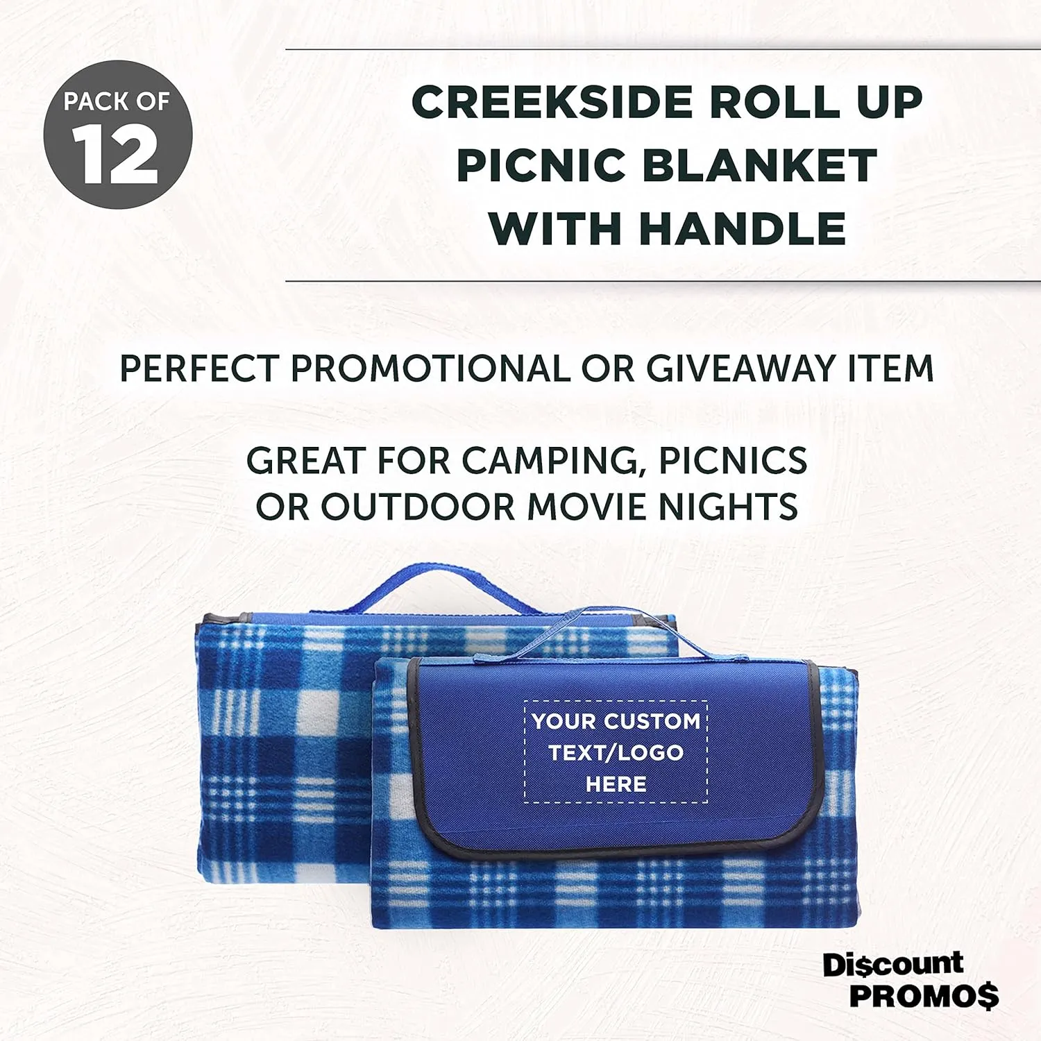 DISCOUNT PROMOS Custom Creekside Roll Up Picnic Blankets Set of 12, Personalized Bulk Pack - Great Outdoor Blanket for Camping, Picnic, Beach, Other Outdoor Activities - Blue