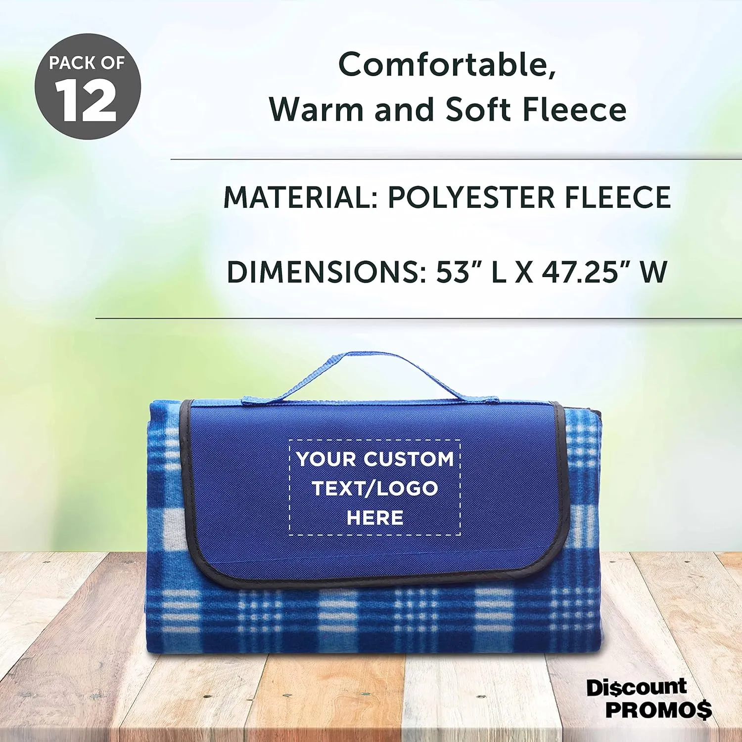 DISCOUNT PROMOS Custom Creekside Roll Up Picnic Blankets Set of 12, Personalized Bulk Pack - Great Outdoor Blanket for Camping, Picnic, Beach, Other Outdoor Activities - Blue