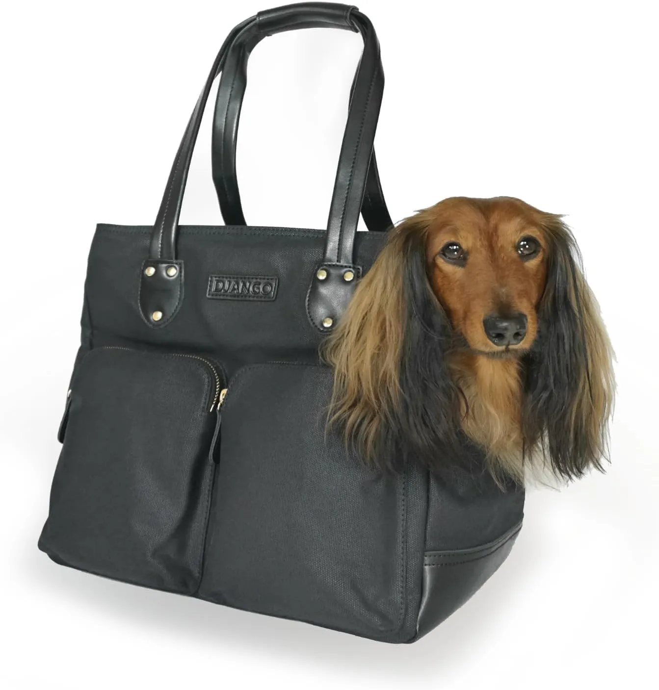 DJANGO Dog Carrier Bag Medium - Waxed Canvas and Leather Soft Dog Travel Carrier - Black Travel Tote Bag for Pets with Harness Safety Tether, Secure Zipper Pockets, and Water-Resistant Lining