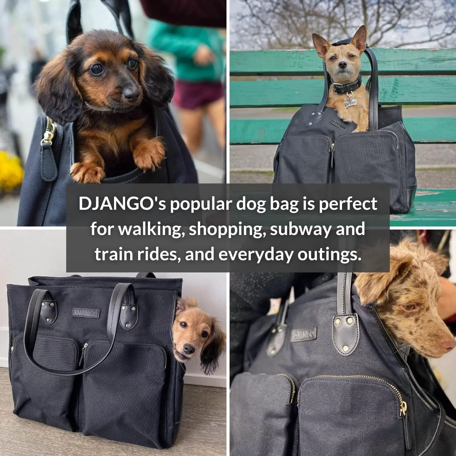 DJANGO Dog Carrier Bag Medium - Waxed Canvas and Leather Soft Dog Travel Carrier - Black Travel Tote Bag for Pets with Harness Safety Tether, Secure Zipper Pockets, and Water-Resistant Lining