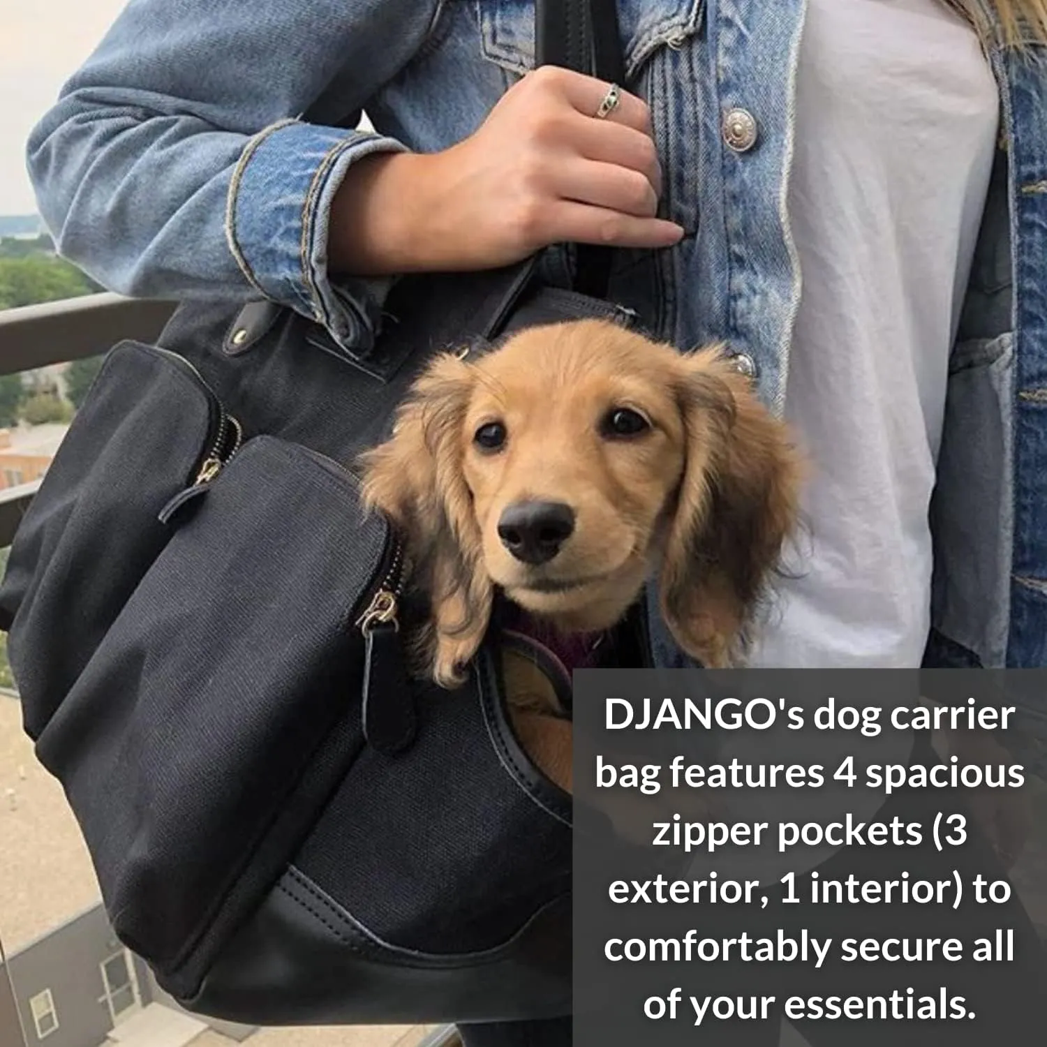 DJANGO Dog Carrier Bag Medium - Waxed Canvas and Leather Soft Dog Travel Carrier - Black Travel Tote Bag for Pets with Harness Safety Tether, Secure Zipper Pockets, and Water-Resistant Lining