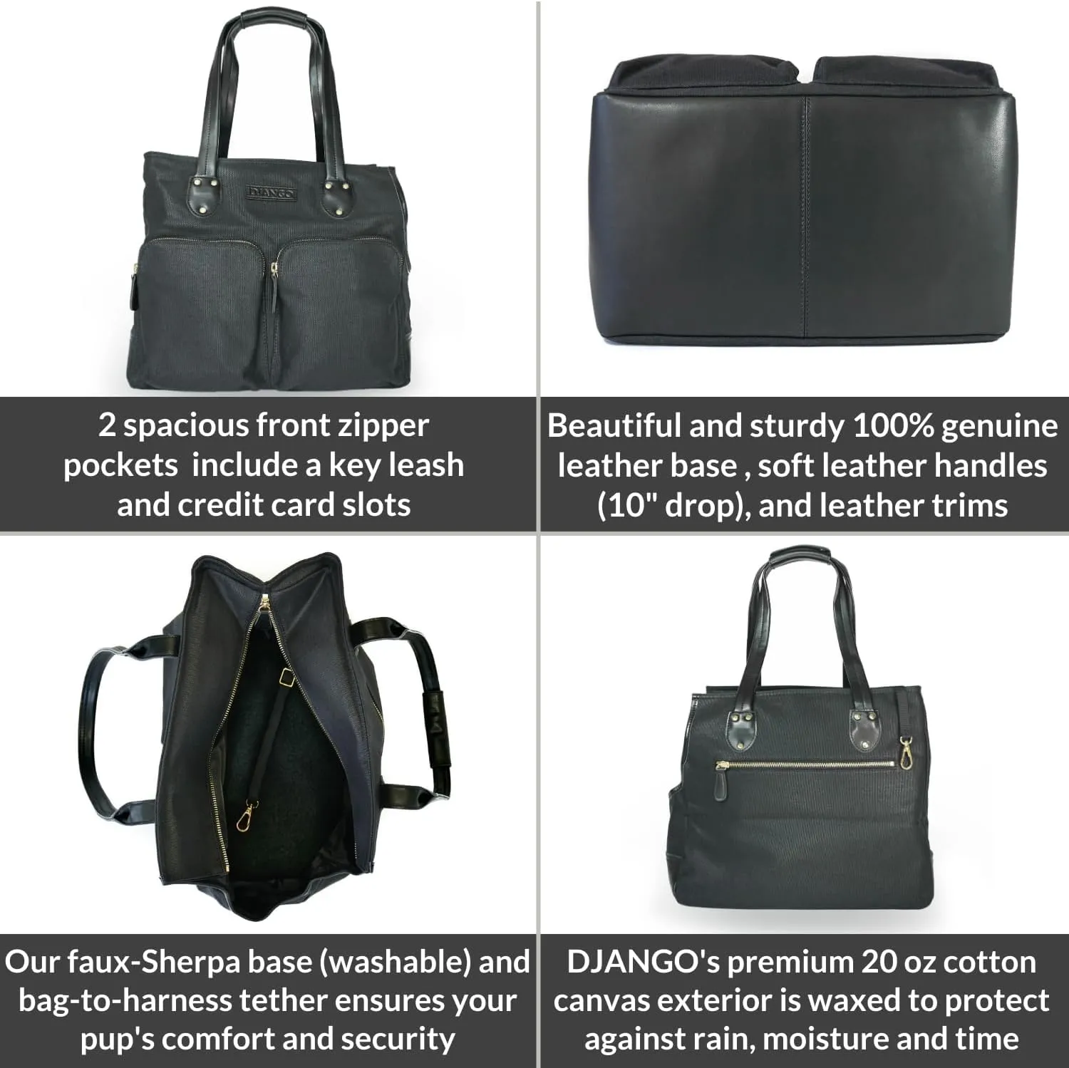 DJANGO Dog Carrier Bag Medium - Waxed Canvas and Leather Soft Dog Travel Carrier - Black Travel Tote Bag for Pets with Harness Safety Tether, Secure Zipper Pockets, and Water-Resistant Lining