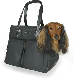 DJANGO Dog Carrier Bag Medium - Waxed Canvas and Leather Soft Dog Travel Carrier - Black Travel Tote Bag for Pets with Harness Safety Tether, Secure Zipper Pockets, and Water-Resistant Lining