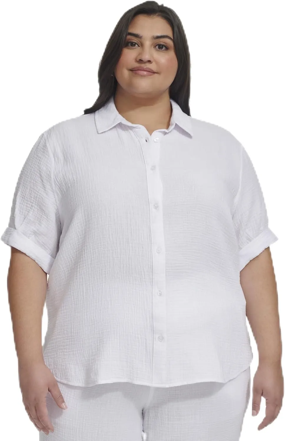 DKNY Women's Plus Garment Dye Classic Roll Tab Sleeve Button Front Shirt