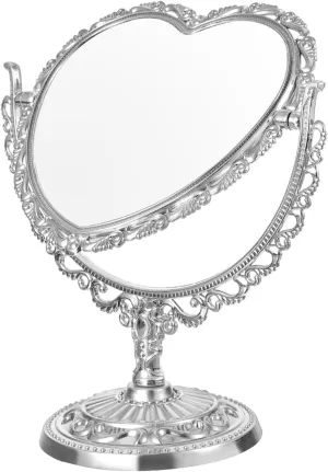 DOITOOL Heart Shaped Cosmetic Mirror - Simple and Lovely Aesthetic Magnifying, Rotatable Double Sided Dresser, Vintage Desktop Makeup Vanity for Desk (Silver)