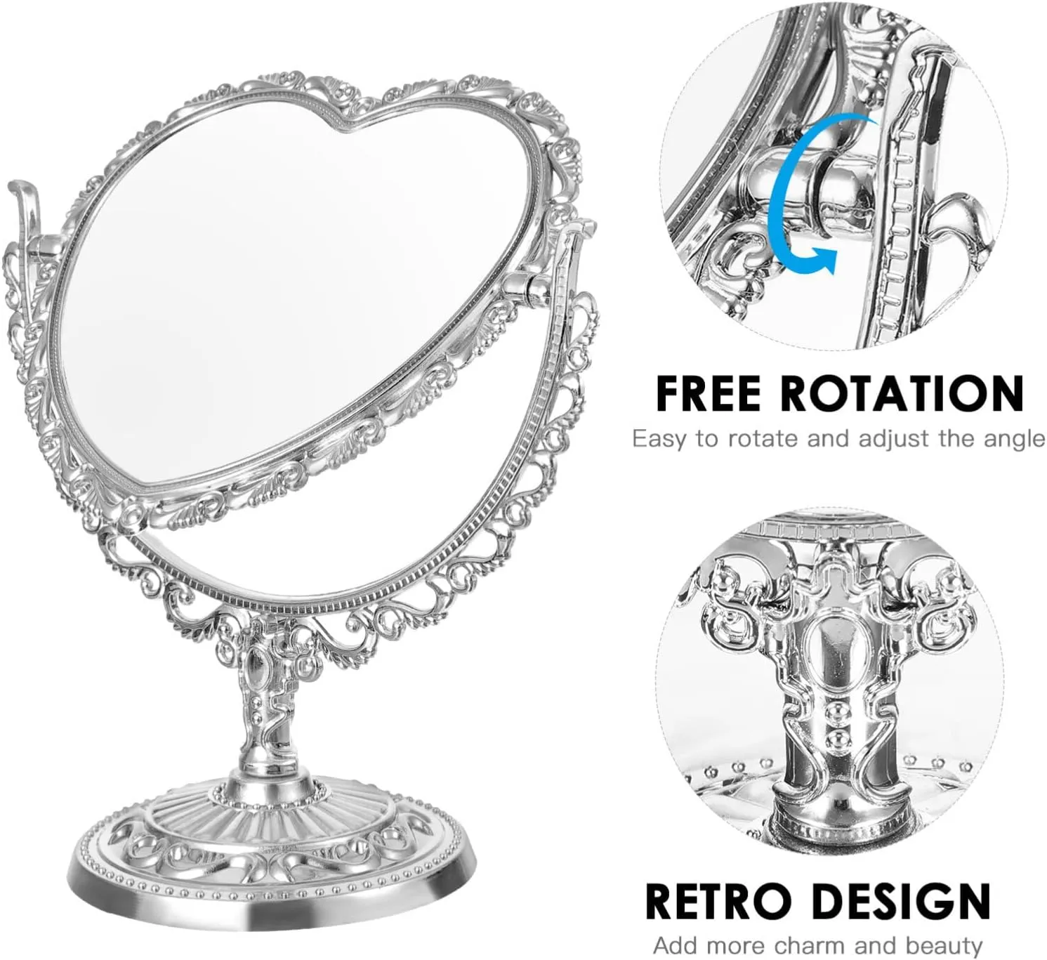 DOITOOL Heart Shaped Cosmetic Mirror - Simple and Lovely Aesthetic Magnifying, Rotatable Double Sided Dresser, Vintage Desktop Makeup Vanity for Desk (Silver)