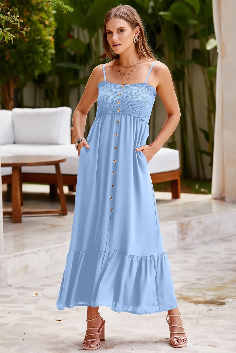 Dokotoo Womens Summer Dresses 2025 Sleeveless Spaghetti Strap Button Down Smocked Beach Vacation Long Maxi Dress with Pockets