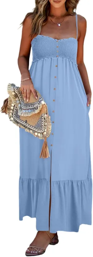 Dokotoo Womens Summer Dresses 2025 Sleeveless Spaghetti Strap Button Down Smocked Beach Vacation Long Maxi Dress with Pockets