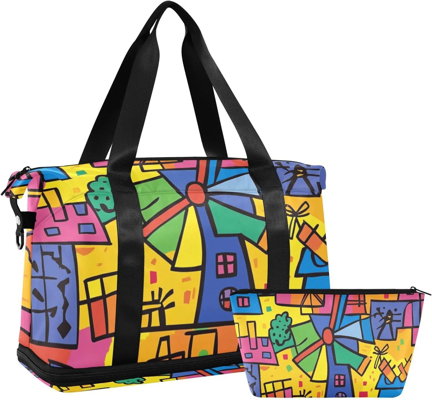 Doodle Cartoon Windmill Large Gym Bag Carry on Bag with Toiletry Bag for Hiking 2 Pcs Set
