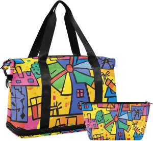Doodle Cartoon Windmill Large Gym Bag Carry on Bag with Toiletry Bag for Hiking 2 Pcs Set