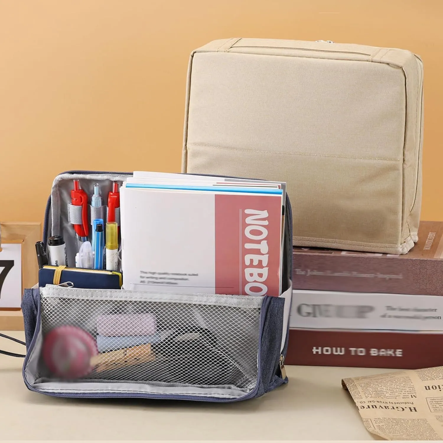 Doresty Makeup Bag, Standing Makeup Bag Portable, Large Capacity, Wideous Stand Up Make Up Bag for Travel, Multi-Purpose Oxford Cloth Make Up Bag (Beige-leather)