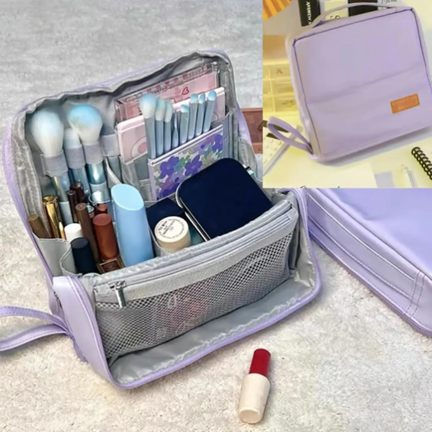 Doresty Makeup Bag, Standing Makeup Bag Portable, Large Capacity, Wideous Stand Up Make Up Bag for Travel, Multi-Purpose Oxford Cloth Make Up Bag (Black-leather)