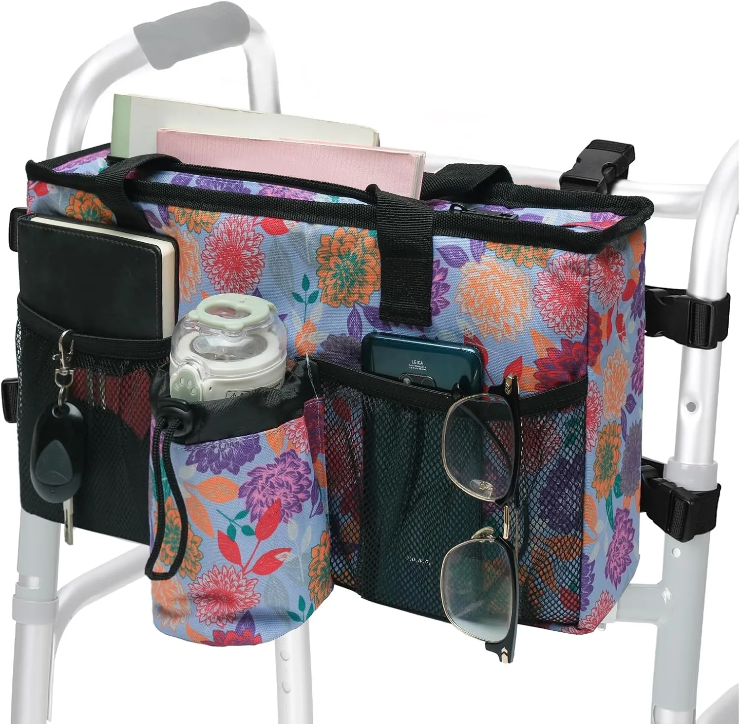 Double-Sided Walker Bag Organizer Pouch Tote, Flower Color, Walker Bags for Seniors
