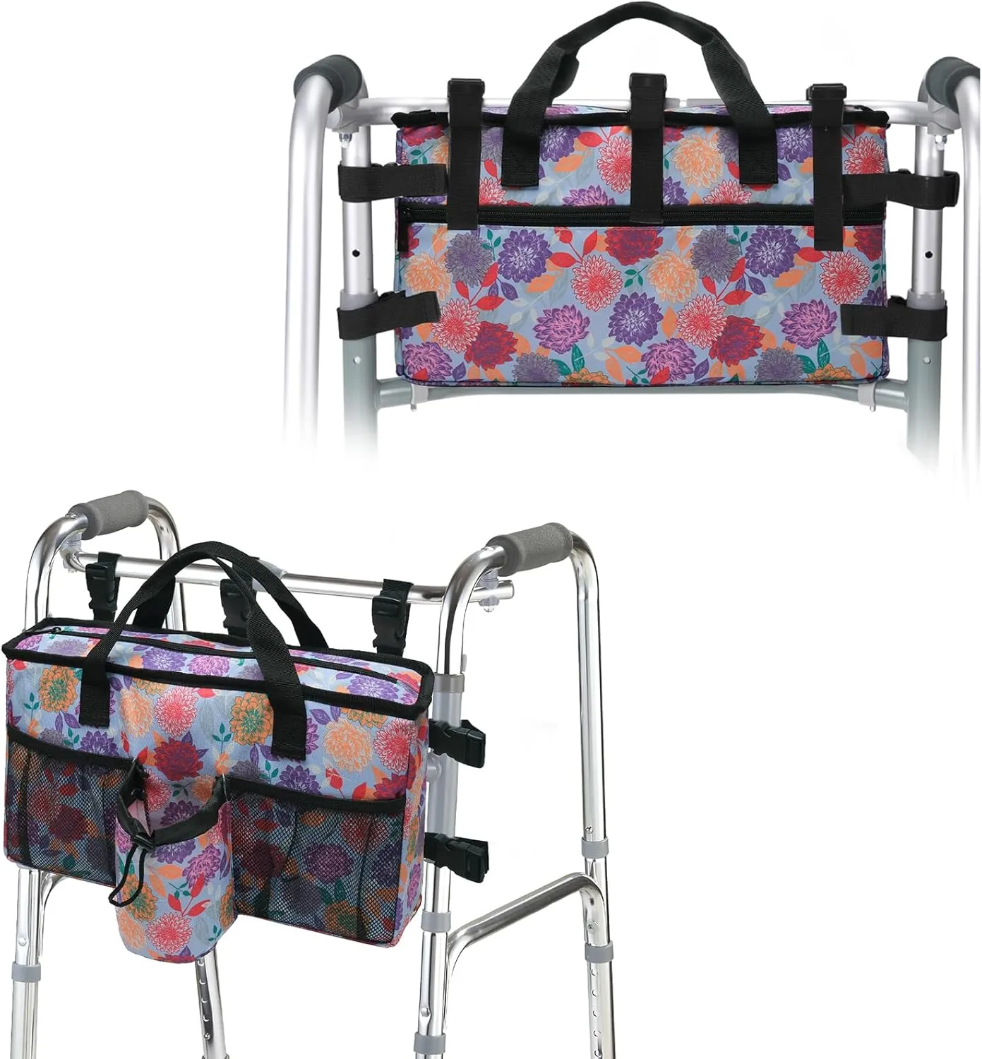 Double-Sided Walker Bag Organizer Pouch Tote, Flower Color, Walker Bags for Seniors