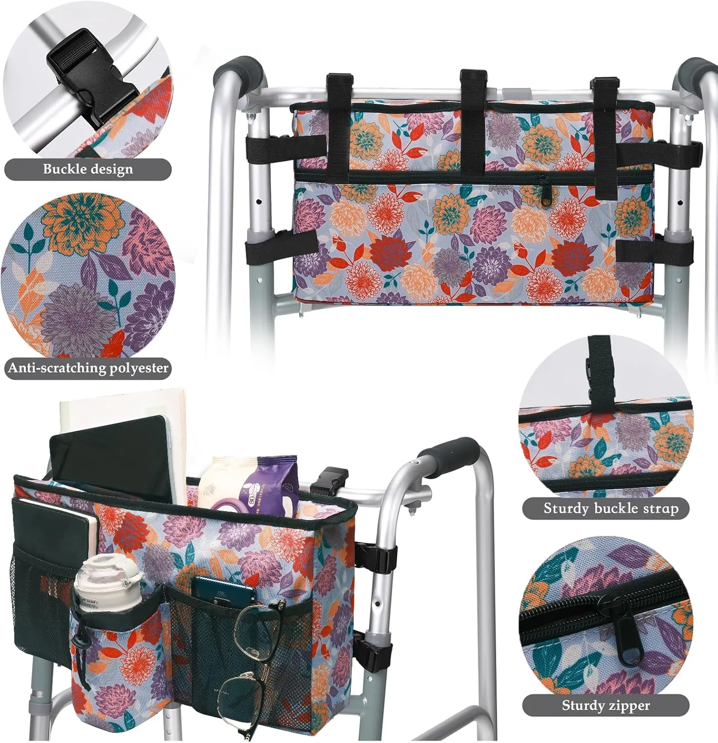 Double-Sided Walker Bag Organizer Pouch Tote, Flower Color, Walker Bags for Seniors
