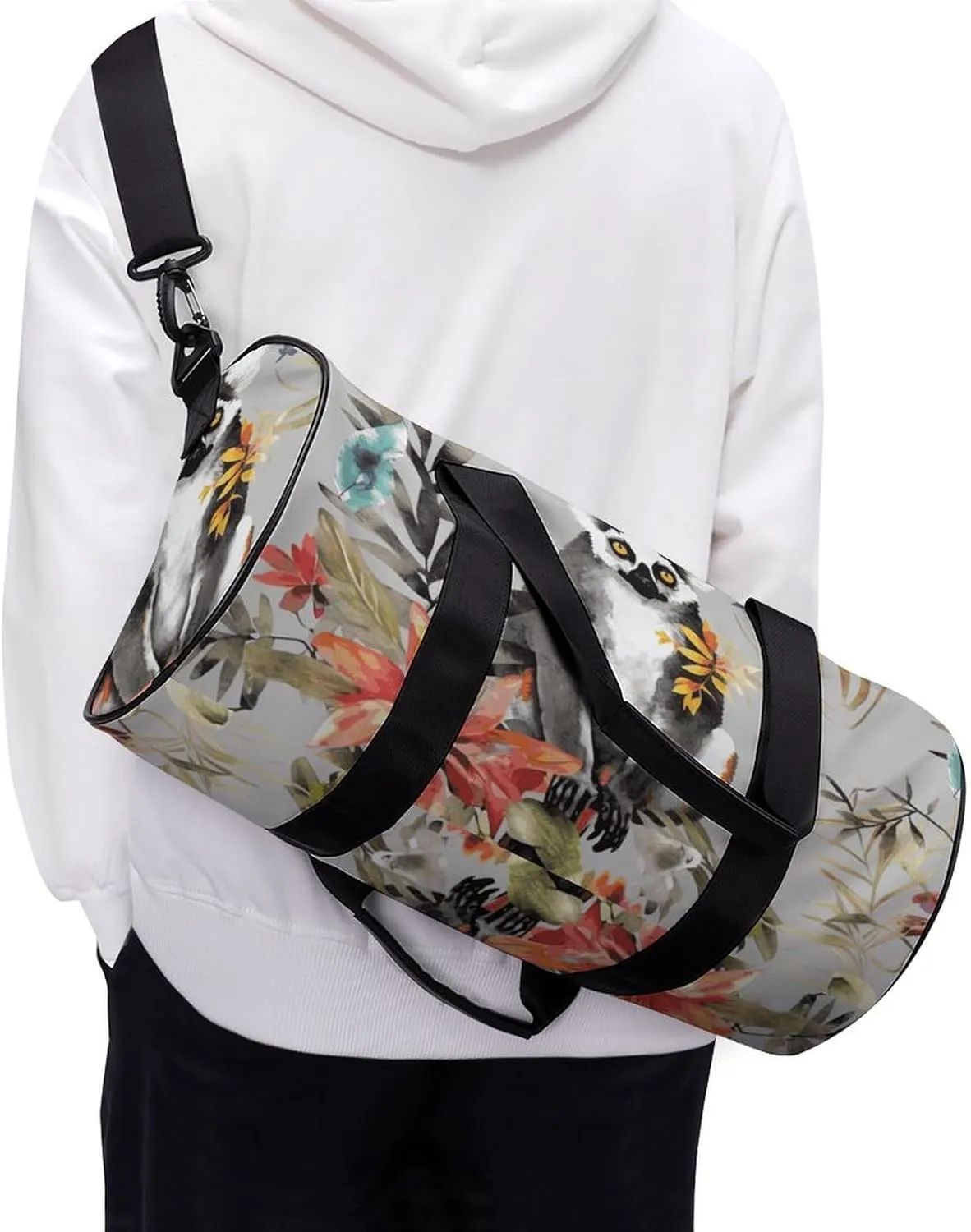 Duffel Bag for Men Women Gym Bag Animals Lemur Flowers Pattern Travel Duffel Bag Waterproof Overnight Bag for Sports Workout