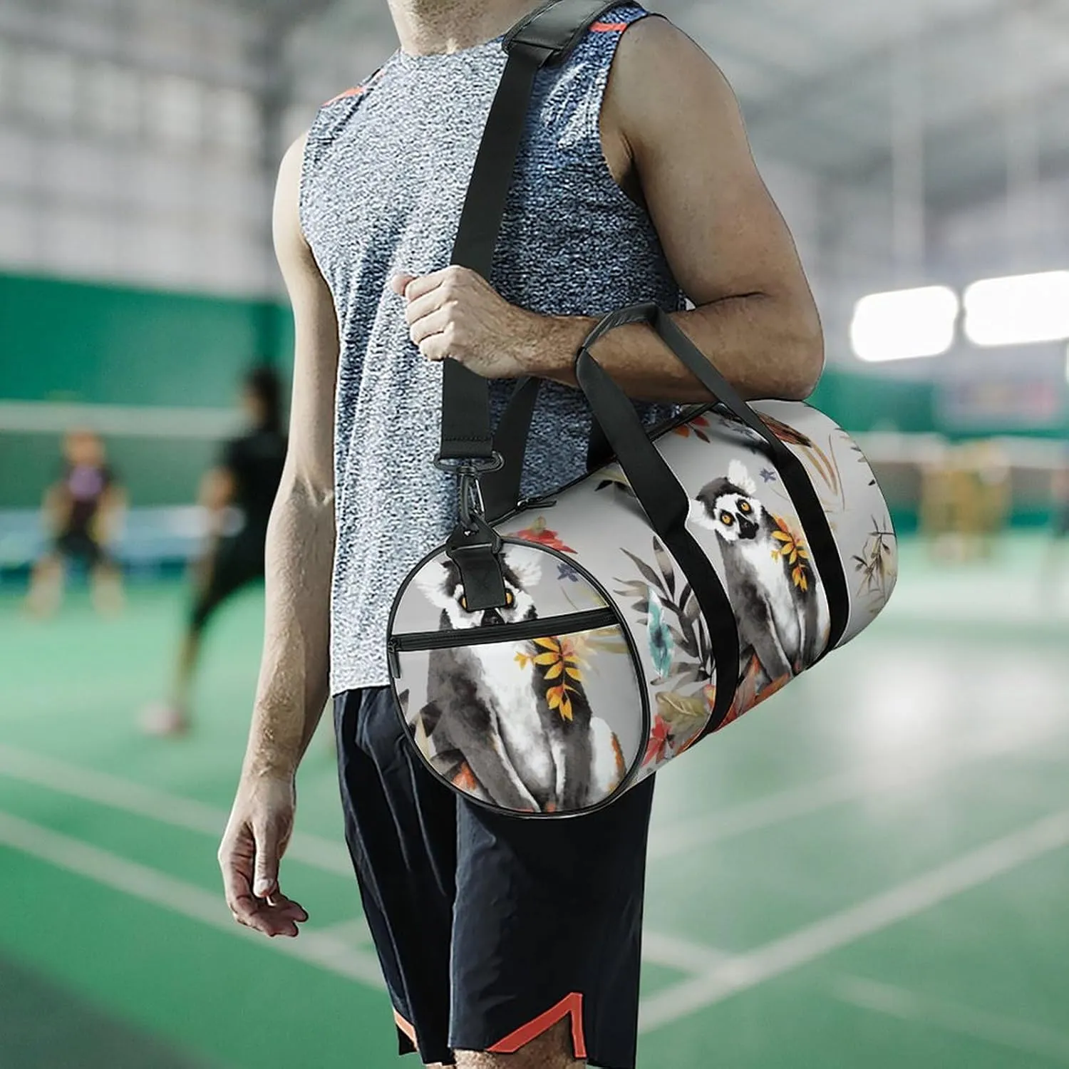 Duffel Bag for Men Women Gym Bag Animals Lemur Flowers Pattern Travel Duffel Bag Waterproof Overnight Bag for Sports Workout