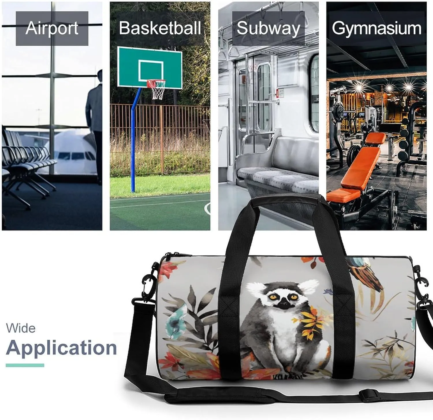 Duffel Bag for Men Women Gym Bag Animals Lemur Flowers Pattern Travel Duffel Bag Waterproof Overnight Bag for Sports Workout