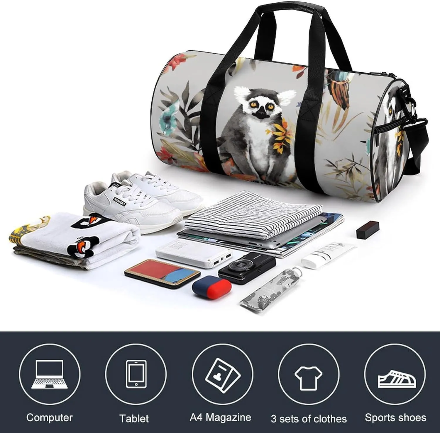 Duffel Bag for Men Women Gym Bag Animals Lemur Flowers Pattern Travel Duffel Bag Waterproof Overnight Bag for Sports Workout