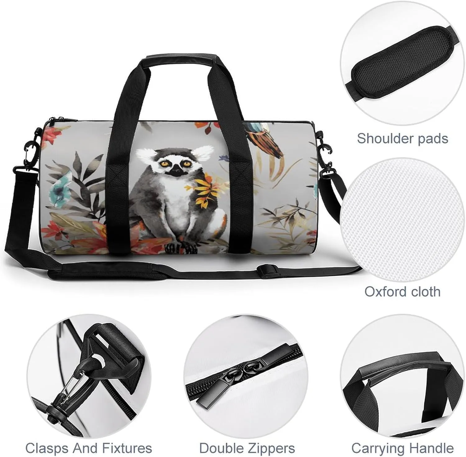 Duffel Bag for Men Women Gym Bag Animals Lemur Flowers Pattern Travel Duffel Bag Waterproof Overnight Bag for Sports Workout