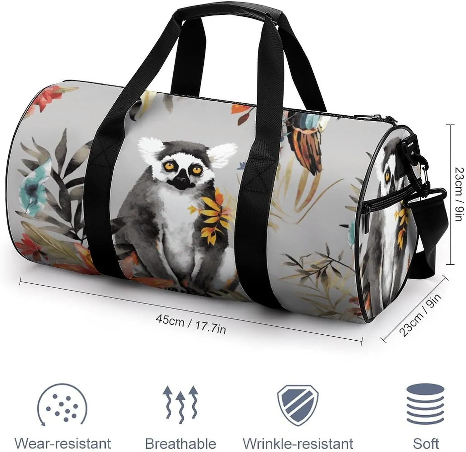 Duffel Bag for Men Women Gym Bag Animals Lemur Flowers Pattern Travel Duffel Bag Waterproof Overnight Bag for Sports Workout