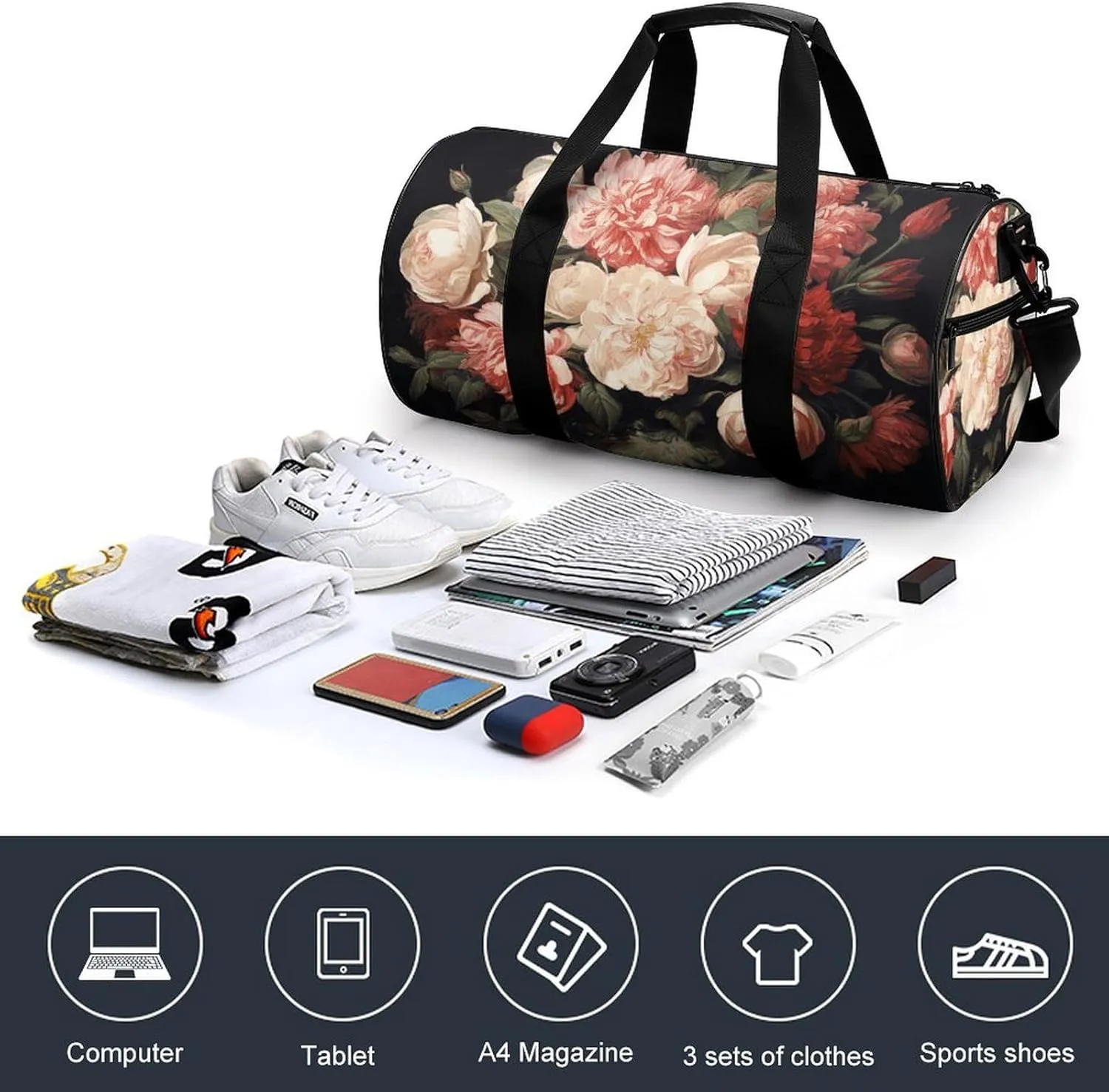 Duffel Bag for Men Women Gym Bag Bowl with Peonies And Rose Travel Duffel Bag Waterproof Overnight Bag for Sports Workout
