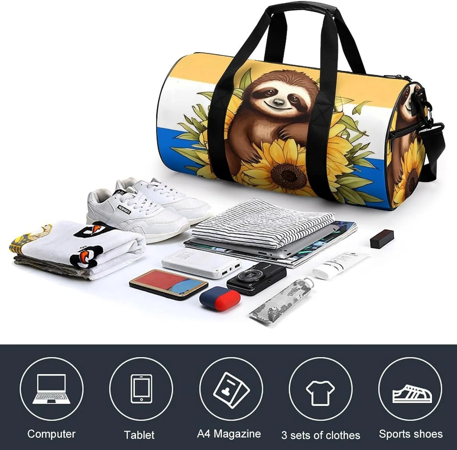 Duffel Bag for Men Women Gym Bag Cartoon Sloth Sitting on Sunflower Travel Duffel Bag Waterproof Overnight Bag for Sports Workout