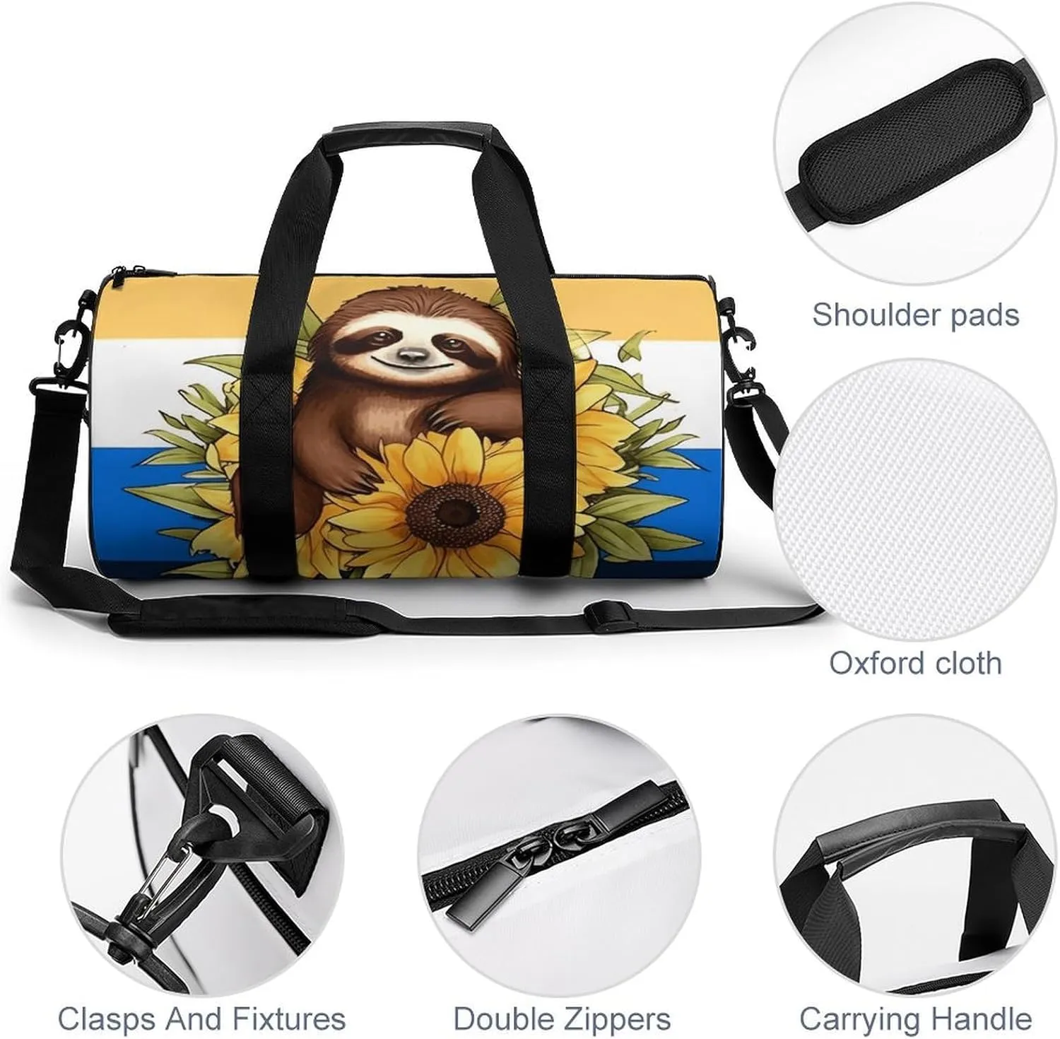 Duffel Bag for Men Women Gym Bag Cartoon Sloth Sitting on Sunflower Travel Duffel Bag Waterproof Overnight Bag for Sports Workout