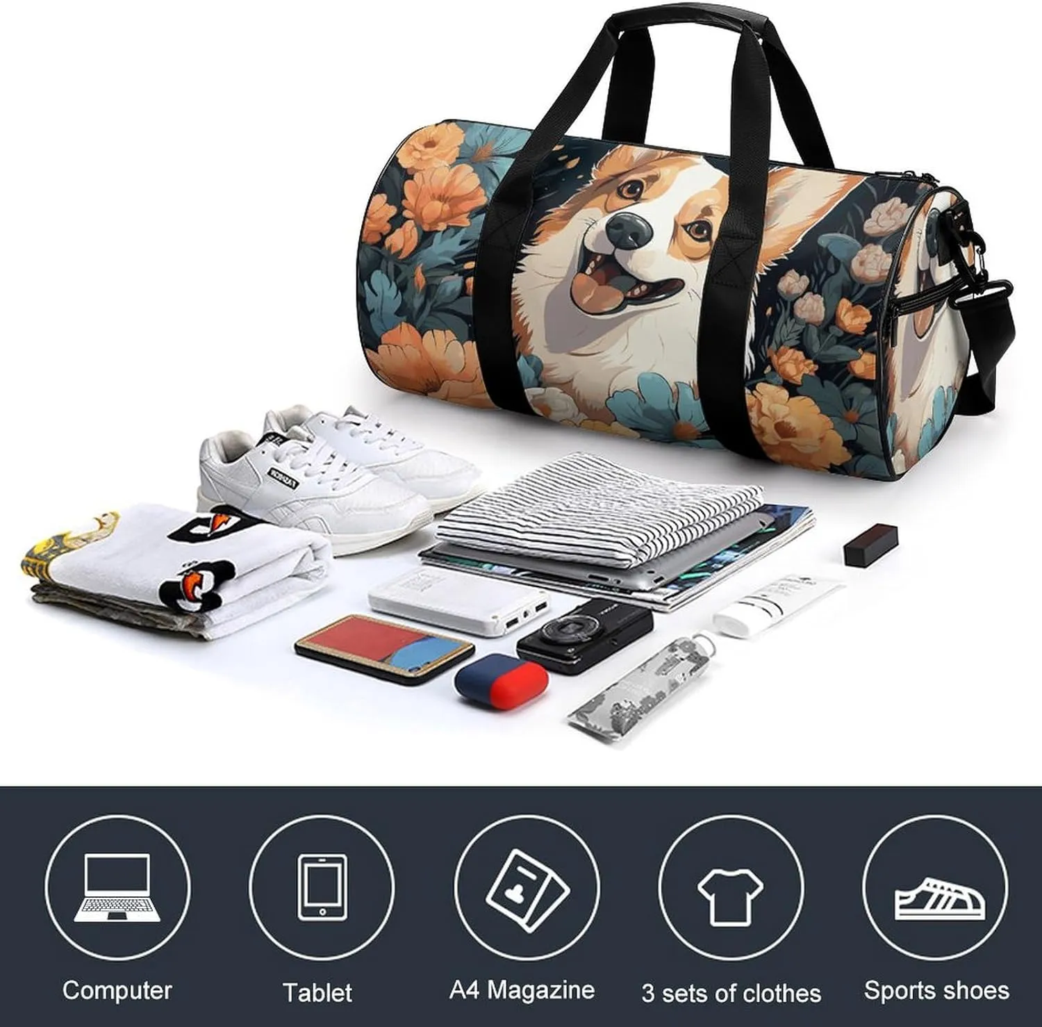 Duffel Bag for Men Women Gym Bag Corgi Pattern Travel Duffel Bag Waterproof Overnight Bag for Sports Workout