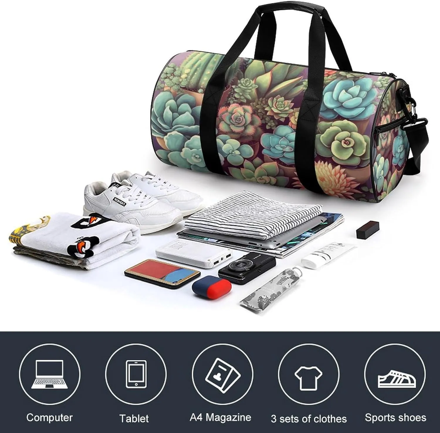 Duffel Bag for Men Women Gym Bag Cute Succulents Travel Duffel Bag Waterproof Overnight Bag for Sports Workout