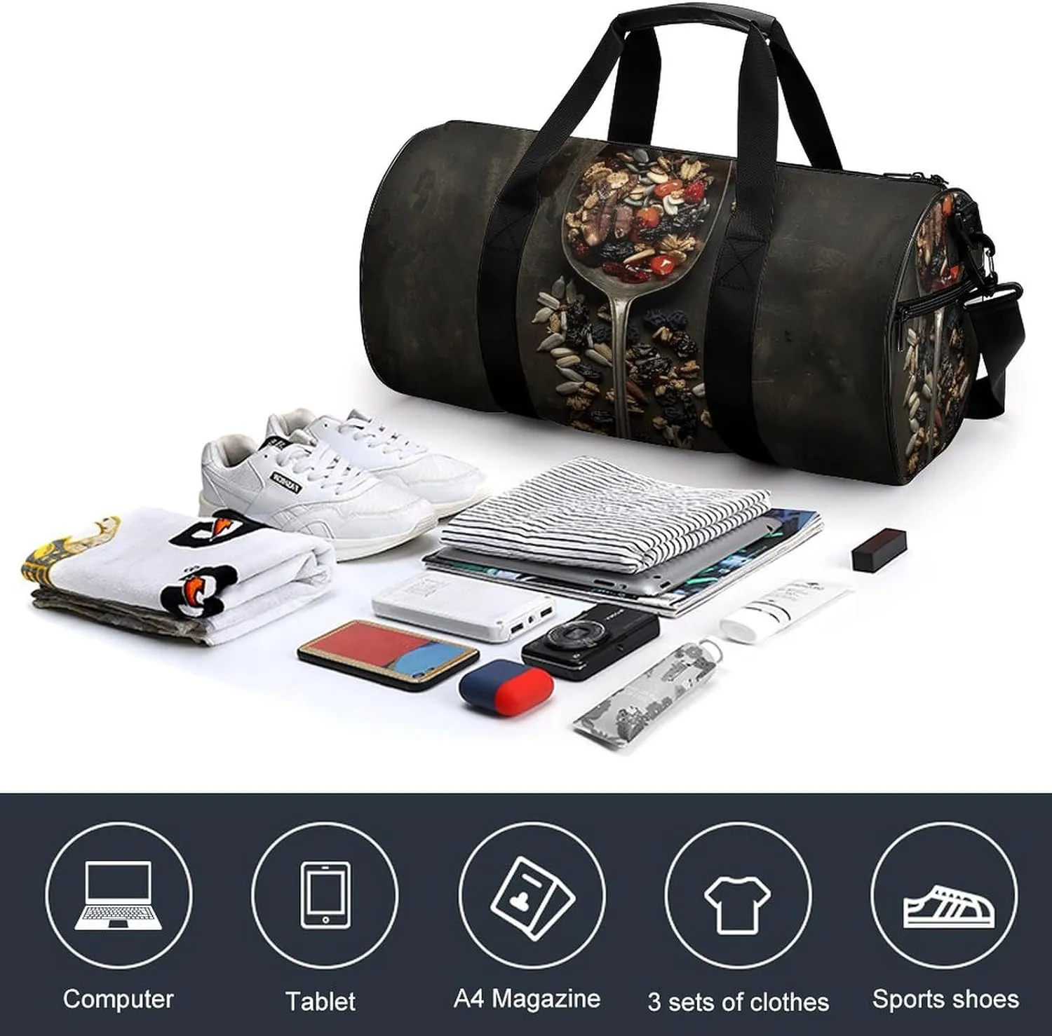 Duffel Bag for Men Women Gym Bag Filled with Sliced Nuts Travel Duffel Bag Waterproof Overnight Bag for Sports Workout