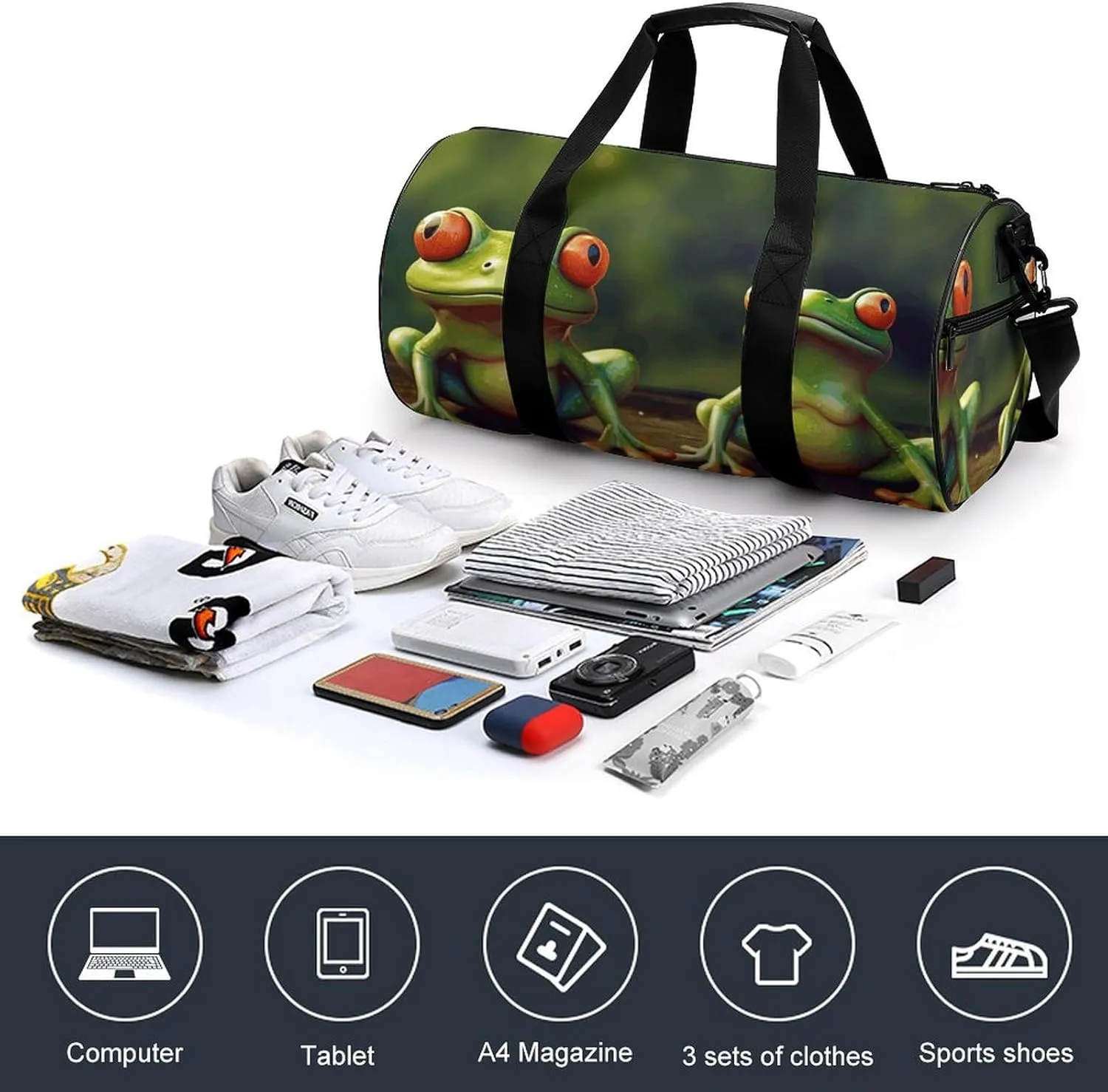 Duffel Bag for Men Women Gym Bag Funny Green Frogs Travel Duffel Bag Waterproof Overnight Bag for Sports Workout